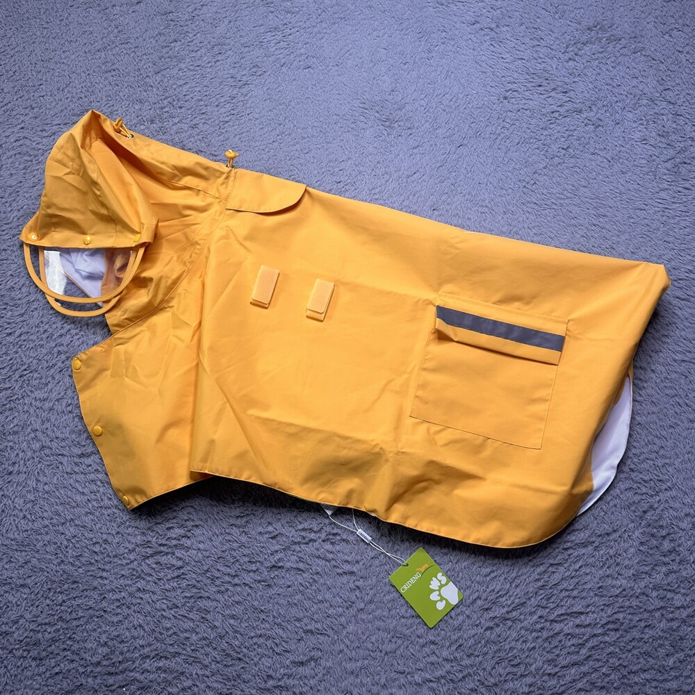 NWT Crideng Dog Raincoat 4XL Yellow Hooded Reflective Mesh Polyester Waterproof